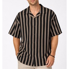 Image of Steve's Jeans Men Retro Stripe Bowling Shirt Short Sleeve 2X Black Boxy Fit NWT