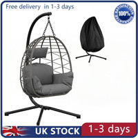 150kg Foldable Hanging Rattan Chair Swing Seat Garden Outdoor Cushion Stand Grey
