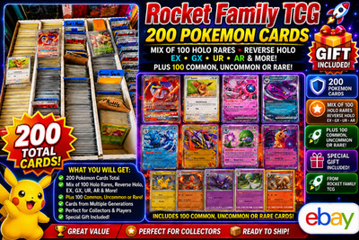 200 Pokemon Card Lot + Mix of 100 Holo, Reverse Foils EX GX UR AR + Gift