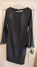 CALVIN KLEIN Solid Black Chiffon Bell Sleeve Dress Size 8 Gold Zipper