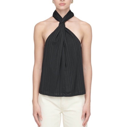 Anine Bing Agnes Twist-Front Rib Knit Black Halter Top M, NWOT