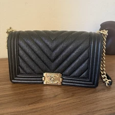 Authentic 2022 Chanel Medium Boy Bag Black Chevron Caviar Leather MSRP $7200
