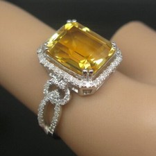 4Ct Emerald Cut Yellow Diamond Halo Wedding Anniversary Ring 14K White Gold Over