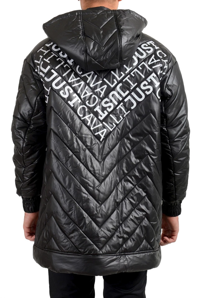 Just Cavalli Men's Black Logo Print Hooded Full Zip Parka Jacket US S IT 48 - Image 3 of 4