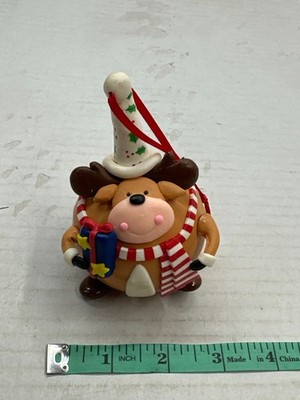Vintage 3'' Reindeer Christmas Ornament Resin Round Moose Jingle Bell Hat Present