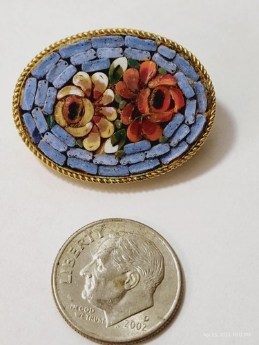 Micro Mosiac Tile Gold Tone Floral Blue Brooch Pin - Picture 2 of 5