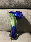 Jack In Pulpit 8” Blue Green Calla Lilly Glass Vase Murano Style Vintage