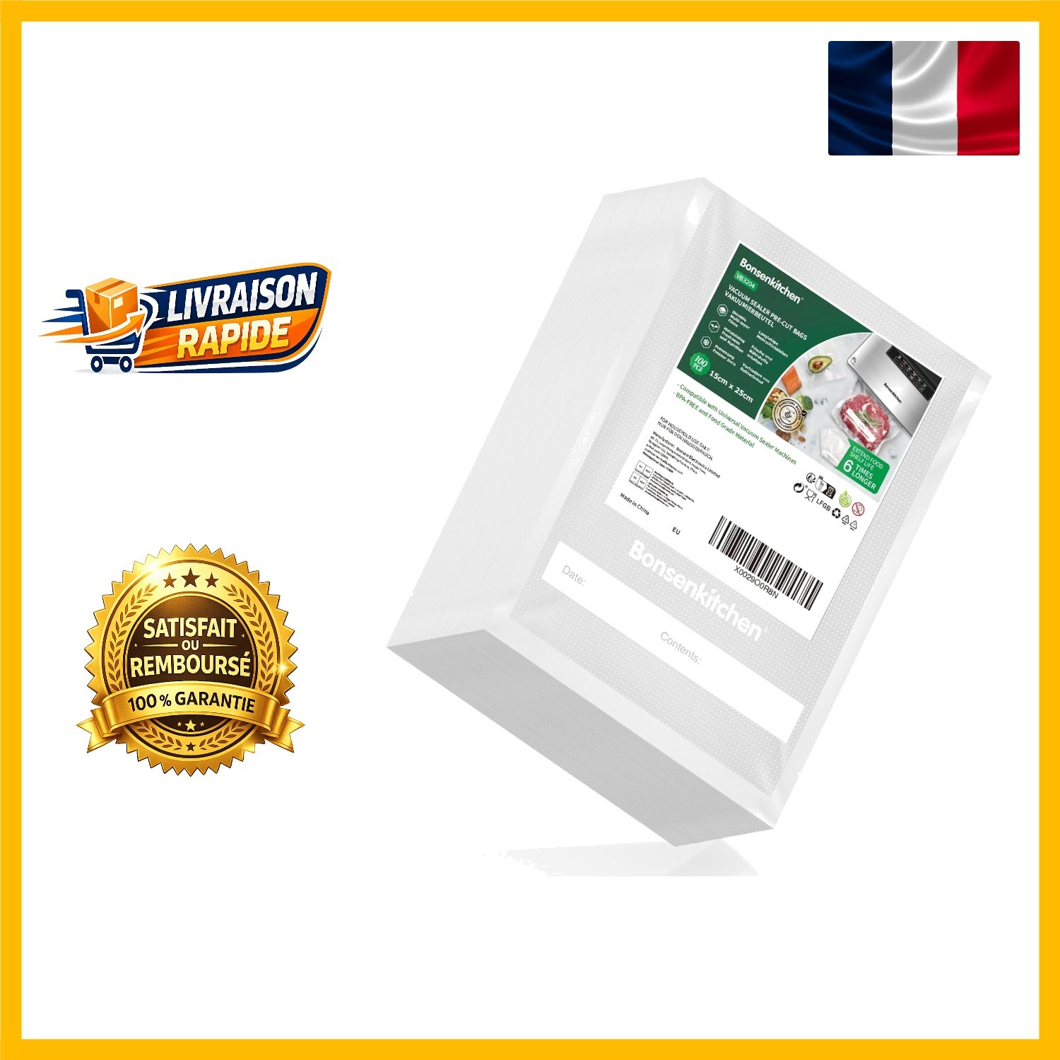 Sacs sous vide 15x25 cm Bonsenkitchen pour conservation de nourriture