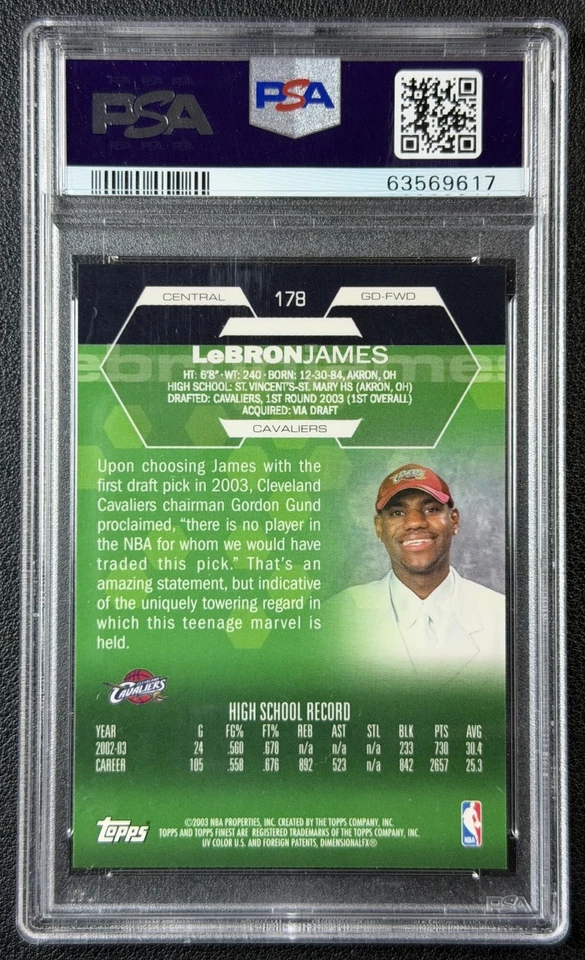 LEBRON JAMES PSA 10 2002-03 TOPPS FINEST BASKETBALL #178 ROOKIE RC CAVALIERS XRC - Image 2 of 2