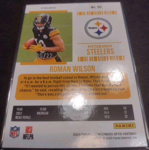 Roman Wilson 2024 Contenders Optic #93 Cracked Ice RC /22 Michigan Steelers SP - Picture 2 of 3
