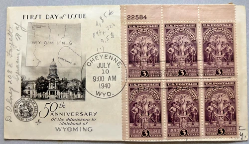 UNITED STATES BLOCK OF 6 3C CHEYENNE 1940 FIRST DAY OF ISSUE 50 ANNIVERSARY