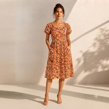 Vintage 90s Orange Floral Cottagecore Midi Dress Puff Sleeve Prairie Boho Size M