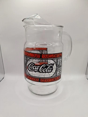 Vintage 1970s Coca-Cola Tiffany Style 2.5 Quart Glass Pitcher 10 Inches Tall