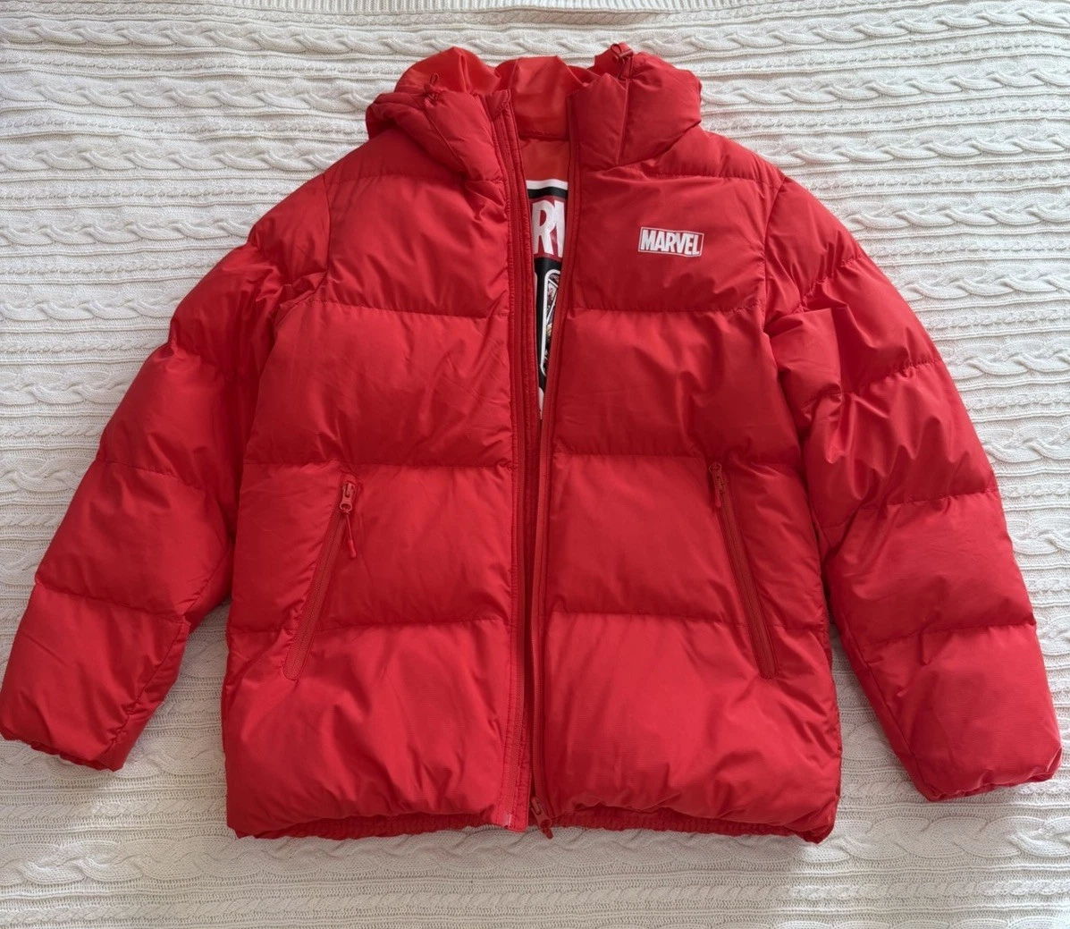 MARVEL 80th YEAR ANNIVERSARY Red Puffer Jacket Hooded Coat Men L image 1