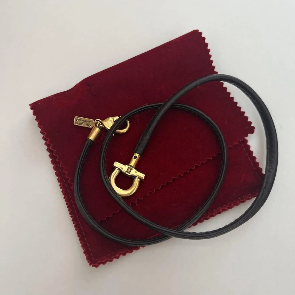 Salvatore Ferragamo Gancini 标志手链手镯金色黑色皮革带盒日本 — 第 2/4 张图片