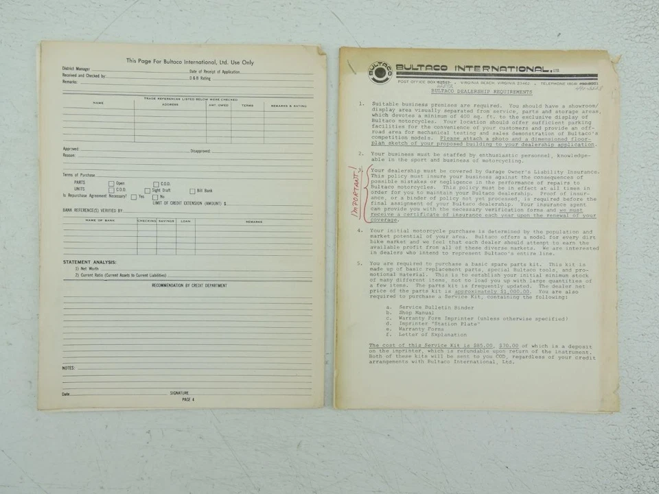 Formularios de aplicación para concesionario de motocicletas Bultaco motocross carretera carreras pruebas 924 Foto 4 de 4