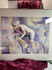 Genuine Watercolor Painting  Bicyclist By George Simmons Signed 36 X 28”  Vtg