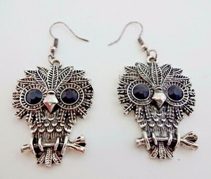Owl-Earrings-Silver-Base-Metal-Hook-Fasteners-Black-Crystal-Eyes