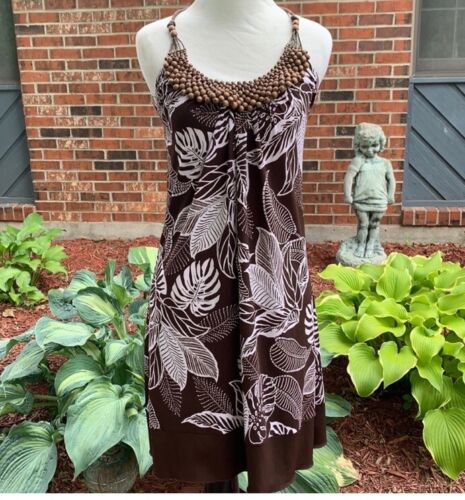 BCX Brown & White tropical print beaded halter dress S