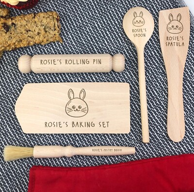 Personalisiertes Kinder Ostern Backset Holz Utensilien Kit Rollstift Brett Löffel