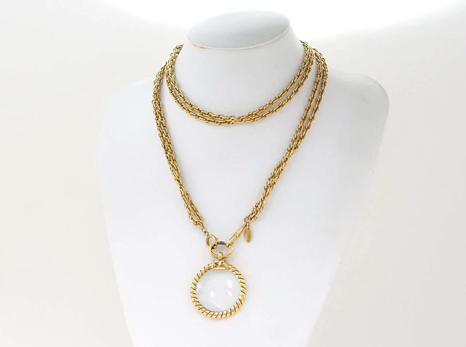 Auténtico collar de cadena doble lupa de cristal con logotipo CC de Chanel 37" tono dorado con caja Foto 2 de 4