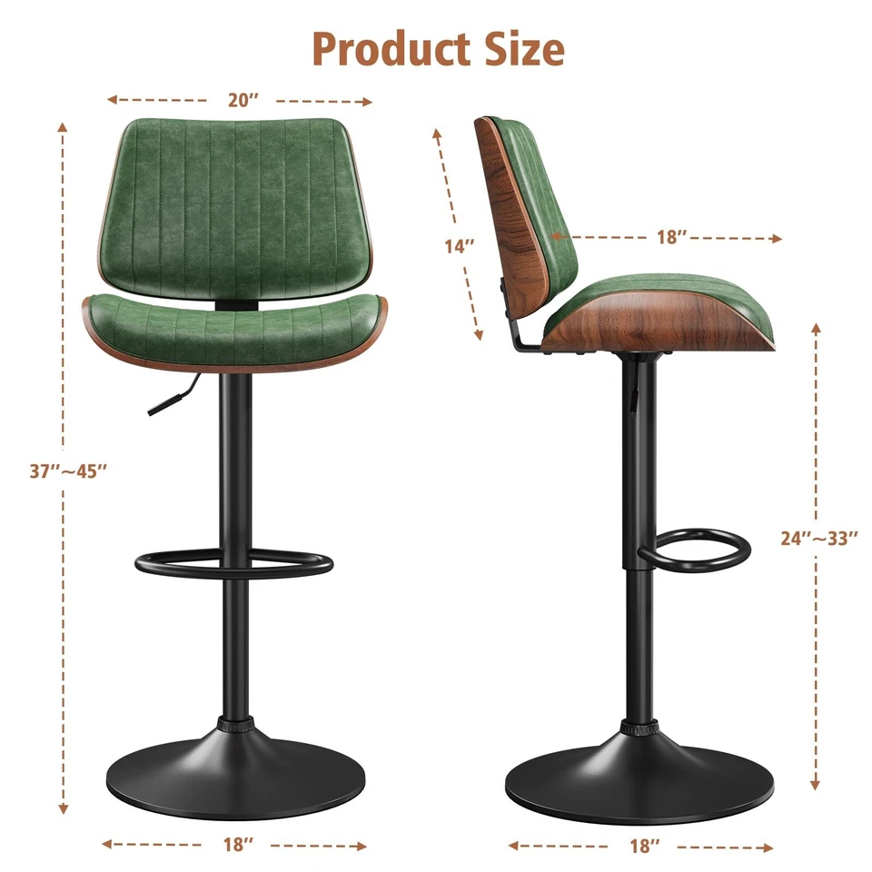 1pc Bar Stool Swivel Adjustable with PU Leather Back for Kitchen Dining Green - Image 2 of 4