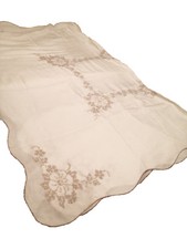 Vintage Hand Embroidered Table Cloth - Beige-Gray Flowers on Off White - 55 x 72