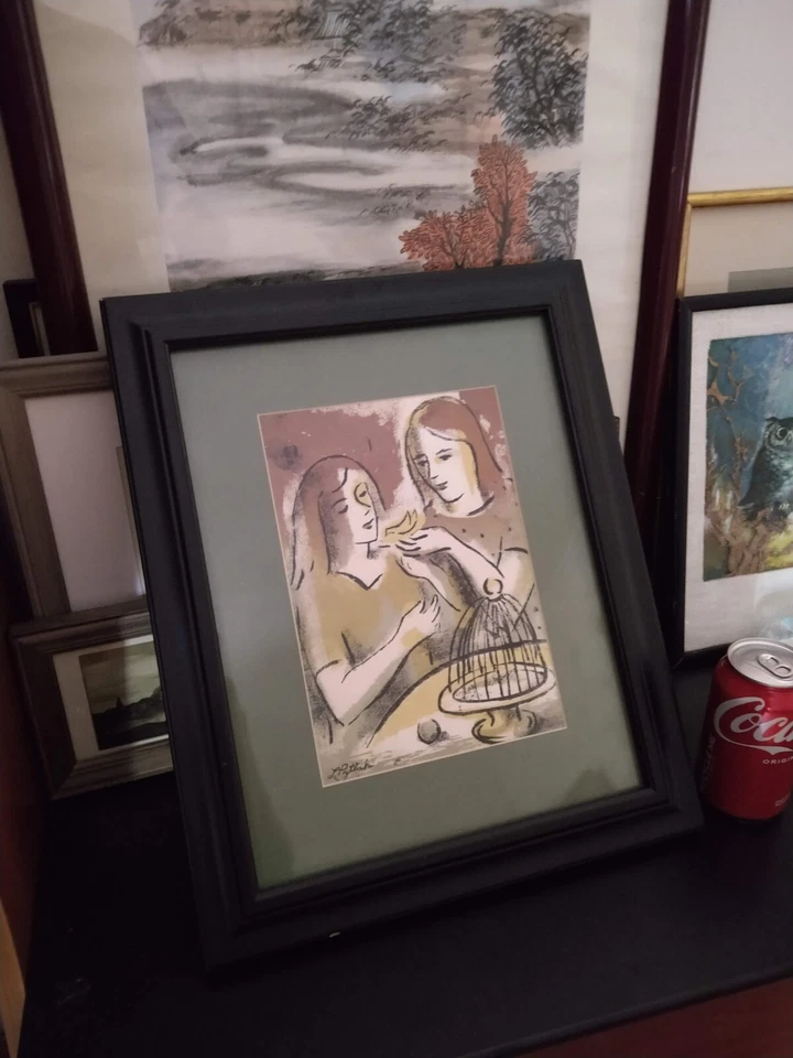 Serigrafía original firmada por Leonard Pytlak de colección - "Dos niñas y un canario" (1948) Foto 4 de 4