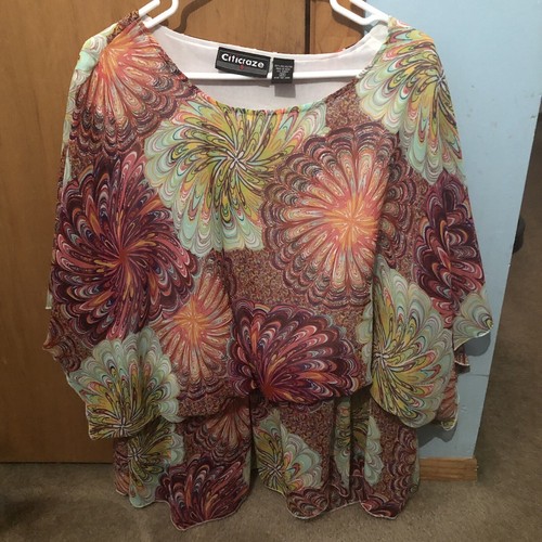Citicraze Women’s Orange Paisley Pattern Smocked Blouse Elastic Waist Size 2X