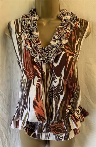 LINEN COTTON BROWN MIX SAFARI MARBLE LARGE ELASTICATED RUFFLE BLOUSE SUMMER TOP - Picture 10 of 13