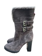 Sigerson Morrison Womens Size 6 Evanlee Suede Dyed Shearling Mid Calf Boot Brown