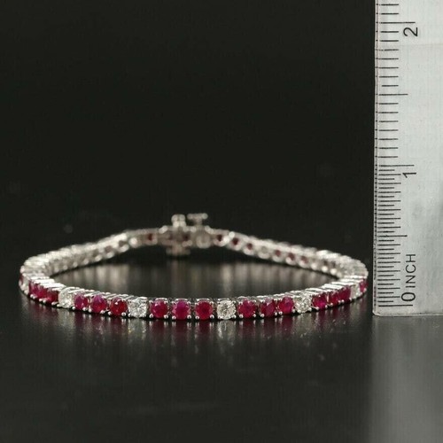9Ct Round Cut Diamond & Red Ruby Tennis Bracelet Womens 14K White Gold Over 7.5" - Picture 4 of 7