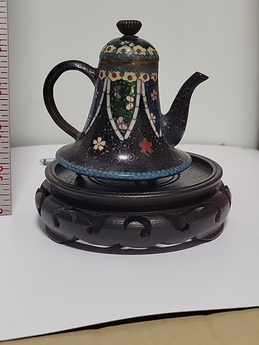 Antike japanische Cloisonne Teekanne mit Deckel & Fuß Emaille Blüte Gold Stein - Bild 6 von 16