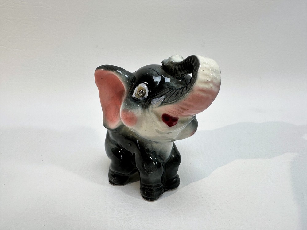 Anthropomorphic Ceramic Baby Grey Elephant Figure Rhinestone Eyes