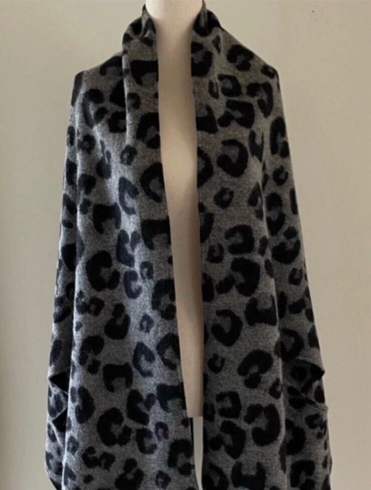 Women's Wool Blend Leopard Poncho Wrap Cover Up Black Gray - NEW