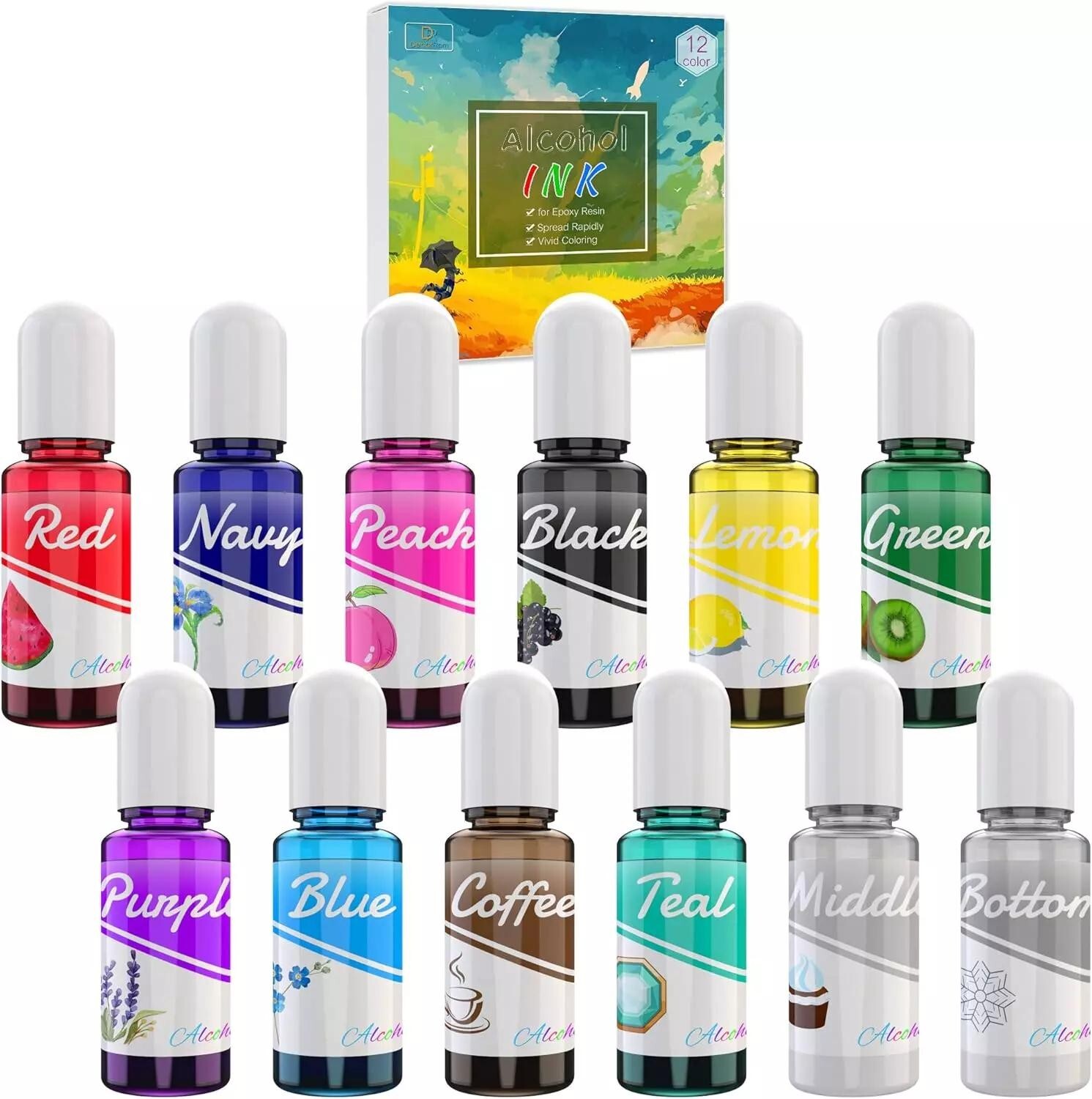 Alcohol Ink Set - 12 Vibrant Colours Alcohol Based Ink for Epoxy Resin Art