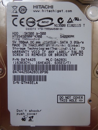 Hitachi HTS545050B9A300 | MLC: DA2831 | P/N: 0A74425 | JUN2009 | 500GB #08