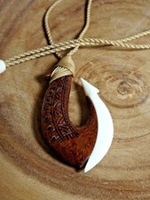 Hawaiian 3" Koa Wood Buffalo Bone Fish Hook Necklace With Adjustable Cord