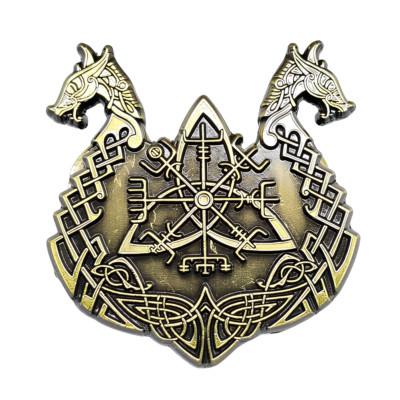 Wikinger Langboot Pin Anstecker groß Vegvisir Trinity Drache nordisch Brosche...