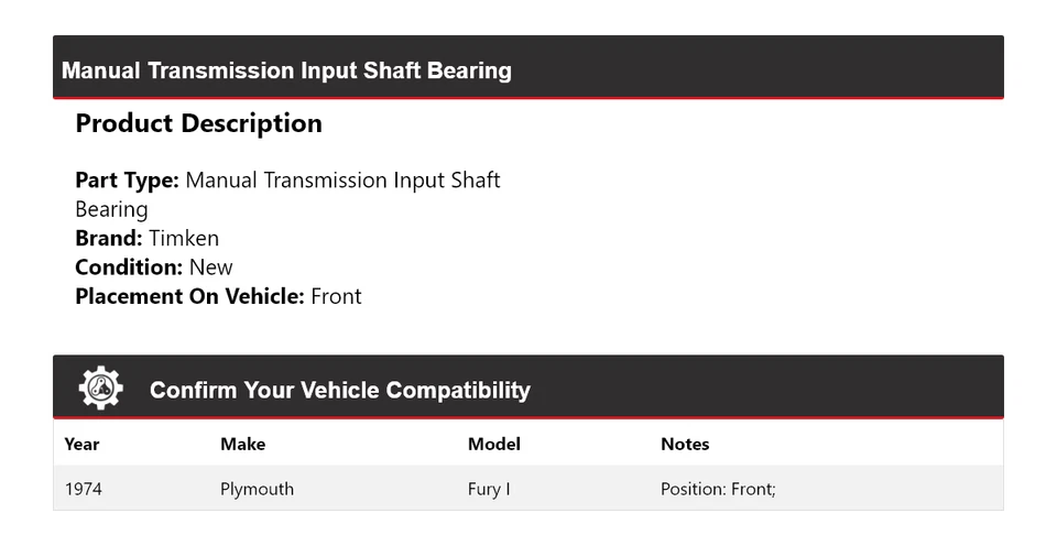 Cojinete de eje de entrada de transmisión manual Timken delantero para Plymouth Fury I 1974 Foto 2 de 4