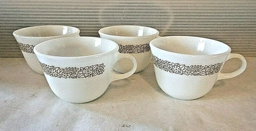 Mid Century Vintage Pyrex/Corelle Milk Glass Woodland Brown Flat Cup Set of 4