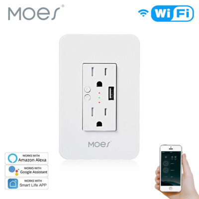 #ad MOES WiFi Smart Outlet Wall Socket Divided Control 2 Plug 1 USB 15A Alexa Google $19.79
