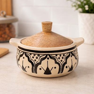 #ad World Market Caravan Ivory amp; Black Ceramic Storage Canister w Wood Lid Boho $24.99