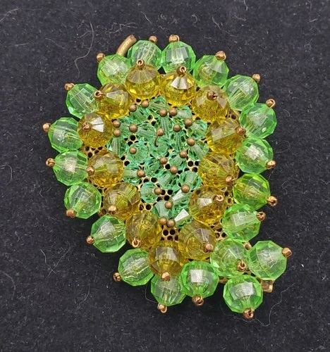Vintage Early Unsigned Miriam Haskell Beaded Brooch Pin Green Yellow Wired Gold
