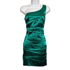 BYER CALIFORNIA One Shoulder Dress Green Satin Cocktail Mini Party Size 7