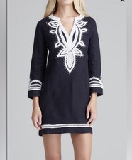 Tory Burch Odelia Embroidered Linen Tunic Dress Navy White Resort 12