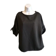Max Studio Waffle Knit Top Women's Size Large Runched Sleeves Black Pullover 