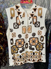 True Vintage Mid-century 1960s 70s Mod Sleeveless Poly Brown Geometric Top M
