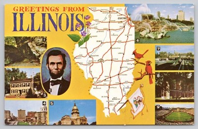 Illinois Greetings State Map Lincoln Chicago Landmarks Chrome Postcard