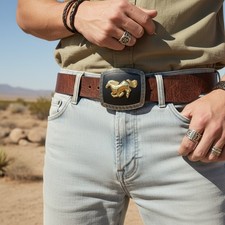 Men Women Western Belt Buckle Silver Metal Square Gold Rodeo Horse Black Fabric